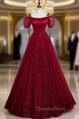 Burgundy Tulle Sequins Straps Puff Sleeve Evening Prom Dress