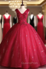 Burgundy Tulle Sequins V-neck Appliques Beading Quinceanera Dress