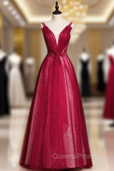 Burgundy Tulle Sequins V-neck Pleats Beading Evening Prom Dress