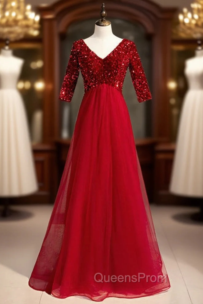 Burgundy Tulle Sequins V-neck Short Sleeve Evening Prom Dress