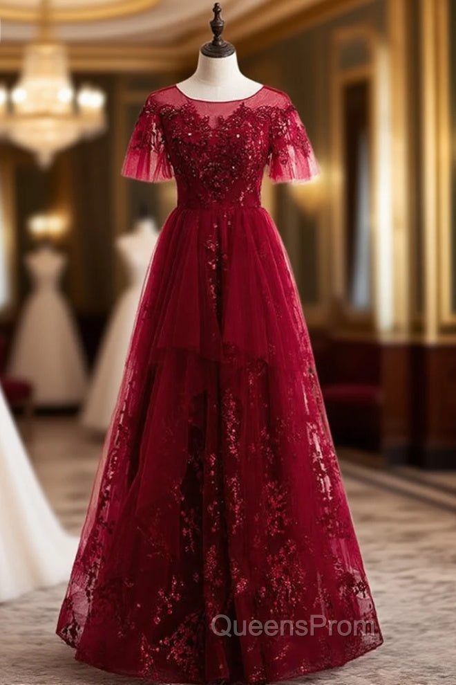 Burgundy Tulle Seuqins Short Sleeve Beading Evening Prom Dress