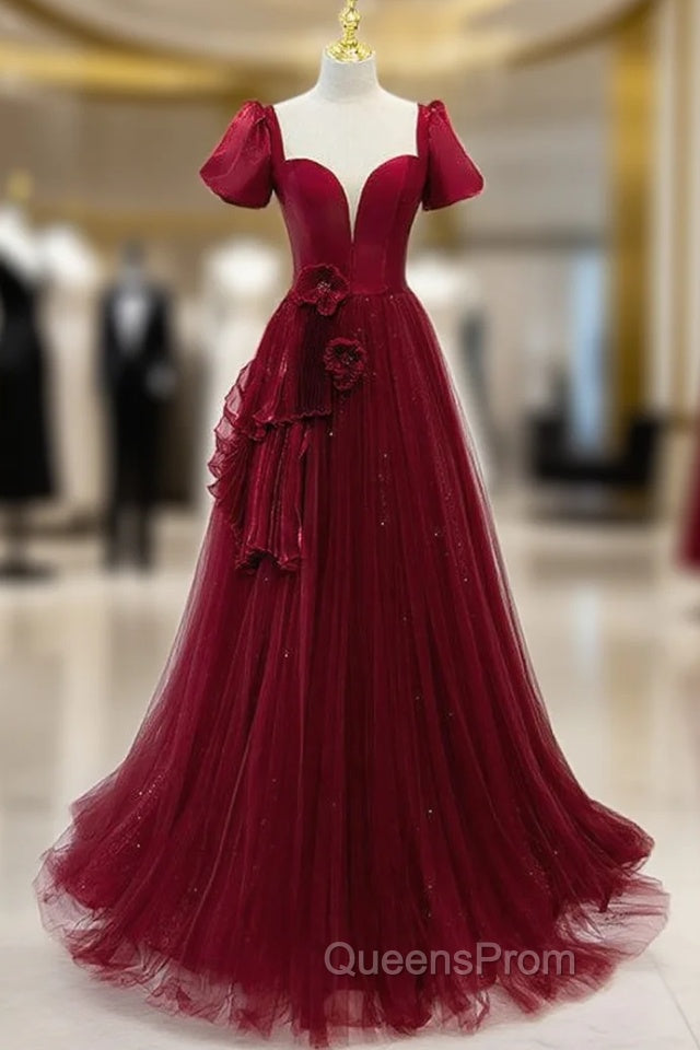 Burgundy Tulle Short Sleeve Backless Pleats Evening Prom Dress