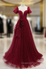 Burgundy Tulle Short Sleeve Backless Pleats Evening Prom Dress