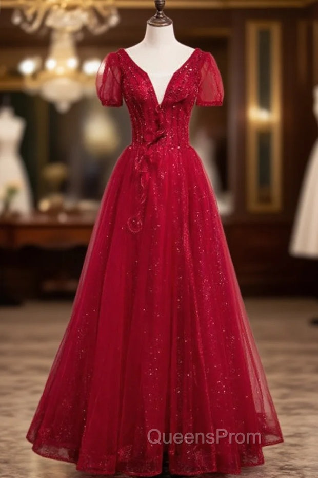 Burgundy Tulle Short Sleeve V-neck Beading Evening Prom Dress Main image