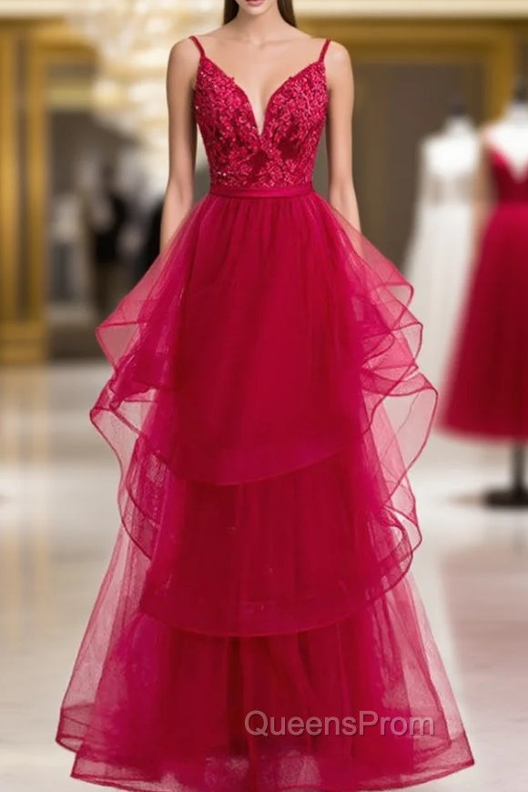 Burgundy Tulle Spagehtti Straps Appliques Beading Evening Prom Dress