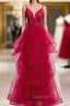 Burgundy Tulle Spagehtti Straps Appliques Beading Evening Prom Dress