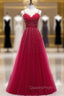 Burgundy Tulle Spagehtti Straps Beading Evening Prom Dress