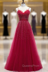 Burgundy Tulle Spagehtti Straps Beading Evening Prom Dress