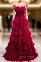 Burgundy Tulle Spagehtti Straps Pleats Tiers Evening Prom Dress