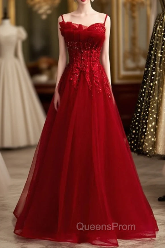 Burgundy Tulle Spaghetti Straps Beading Long Evening Prom Dress