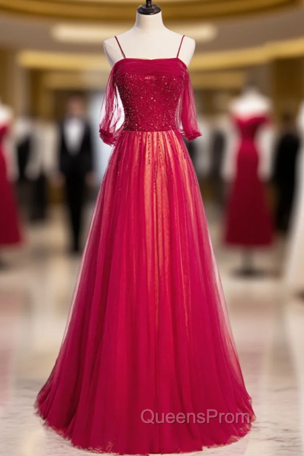 Burgundy Tulle Spaghetti Straps Beading Pleats Evening Prom Dress