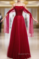 Burgundy Tulle Spaghetti Straps Beading Sequins Evening Prom Dress