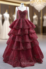 Burgundy Tulle Spaghetti Straps Beading Tiers Evening Prom Dress