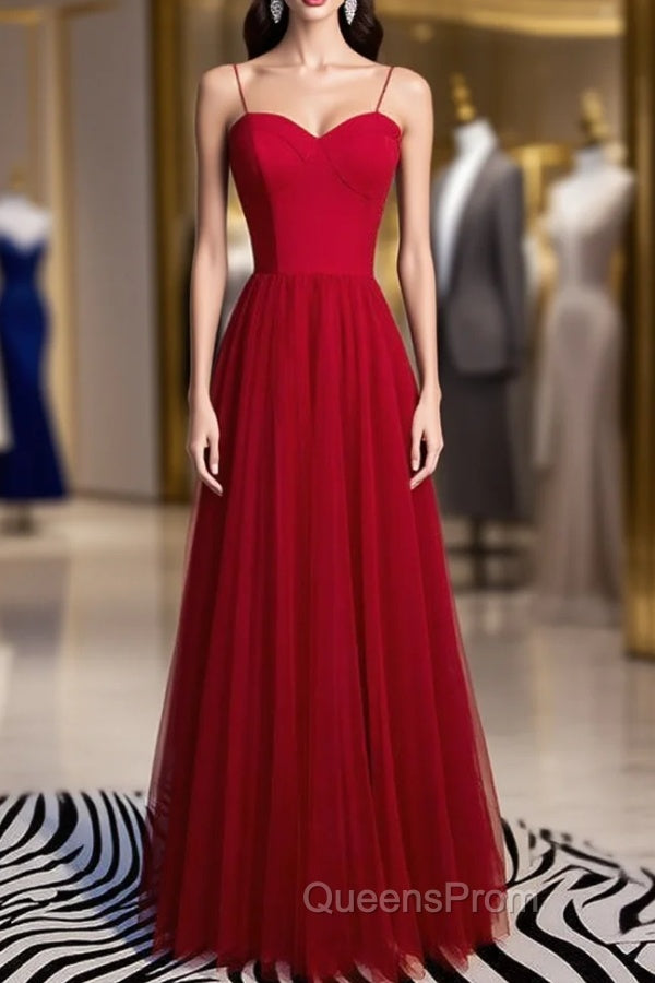 Burgundy Tulle Spaghetti Straps Long Evening Prom Dress