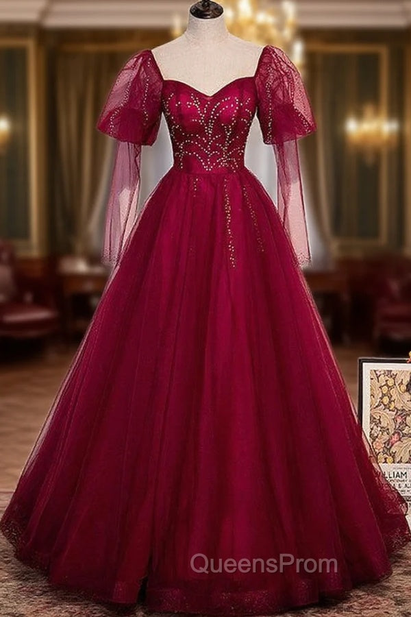 Burgundy Tulle Square Long Sleeve Beading Evening Prom Dress