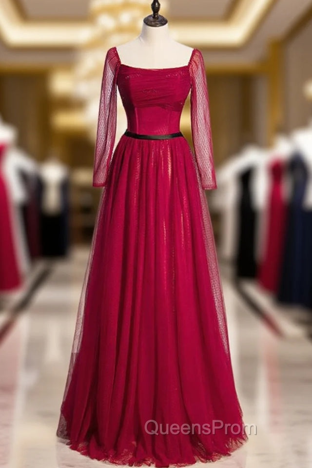 Burgundy Tulle Square Long Sleeve Evening Prom Dress
