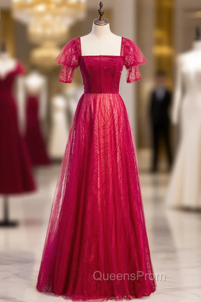 Burgundy Tulle Square Short Sleeve Beading Evening Prom Dress