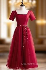 Burgundy Tulle Square Short Sleeve Pearls Evening Prom Dress