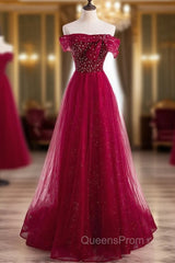 Burgundy Tulle Star Sequins Off the Shoulder Beading Evening Prom Dress