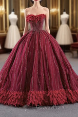Burgundy Tulle Strapless Beading Feather Evening Prom Dress