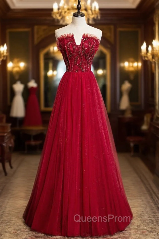 Burgundy Tulle Strapless Beading Evening Prom Dress