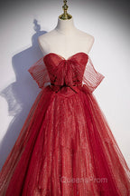 Burgundy Tulle Strapless Floor Length Evening Prom Dress, A-Line Evening Graduation Dress