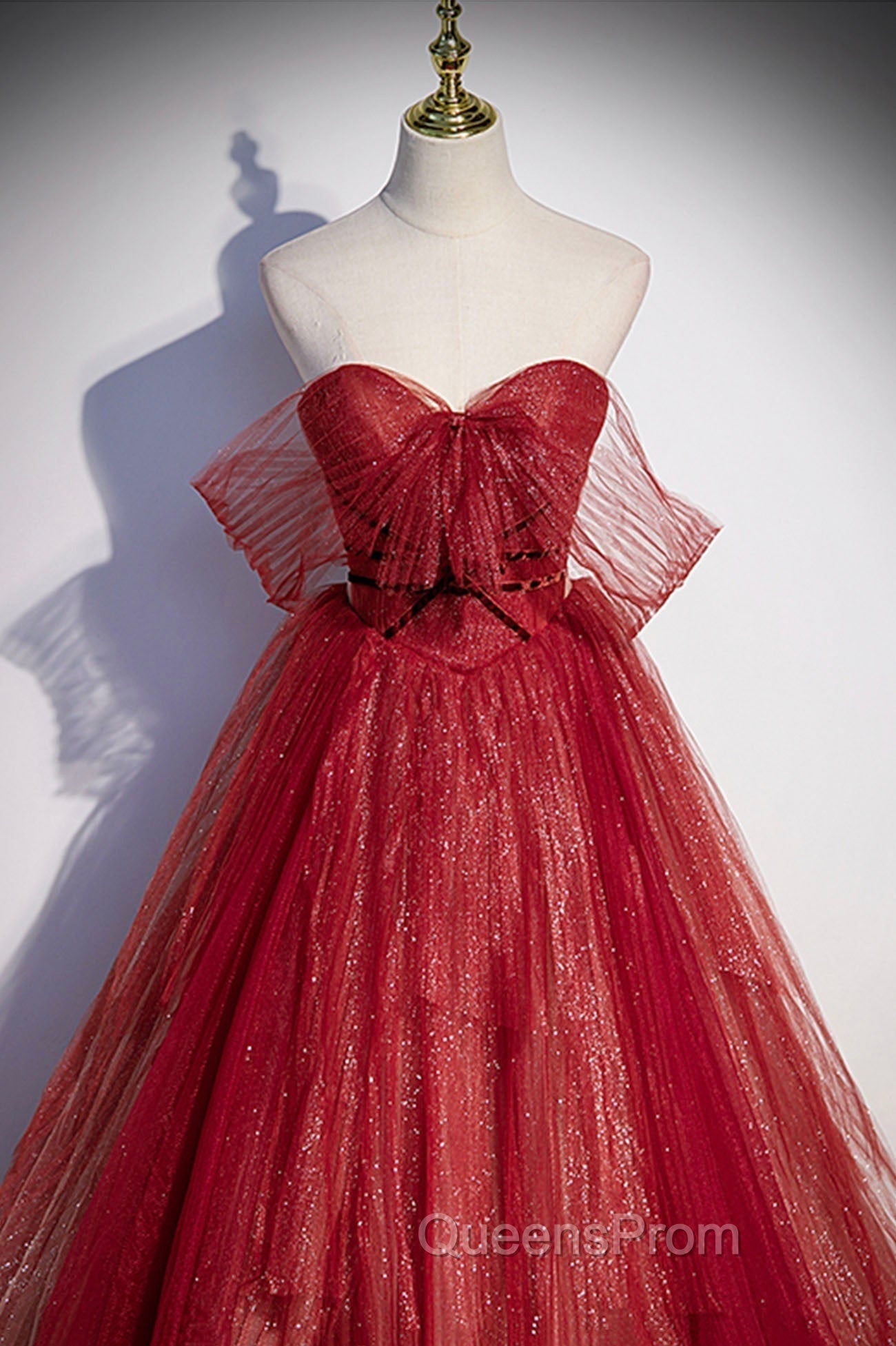 Burgundy Tulle Strapless Floor Length Evening Prom Dress, A-Line Evening Graduation Dress