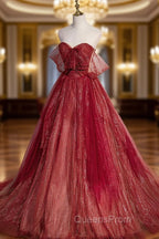 Burgundy Tulle Strapless Floor Length Evening Prom Dress, A-Line Evening Graduation Dress