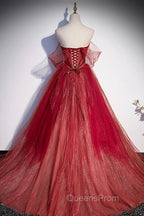 Burgundy Tulle Strapless Floor Length Evening Prom Dress, A-Line Evening Graduation Dress