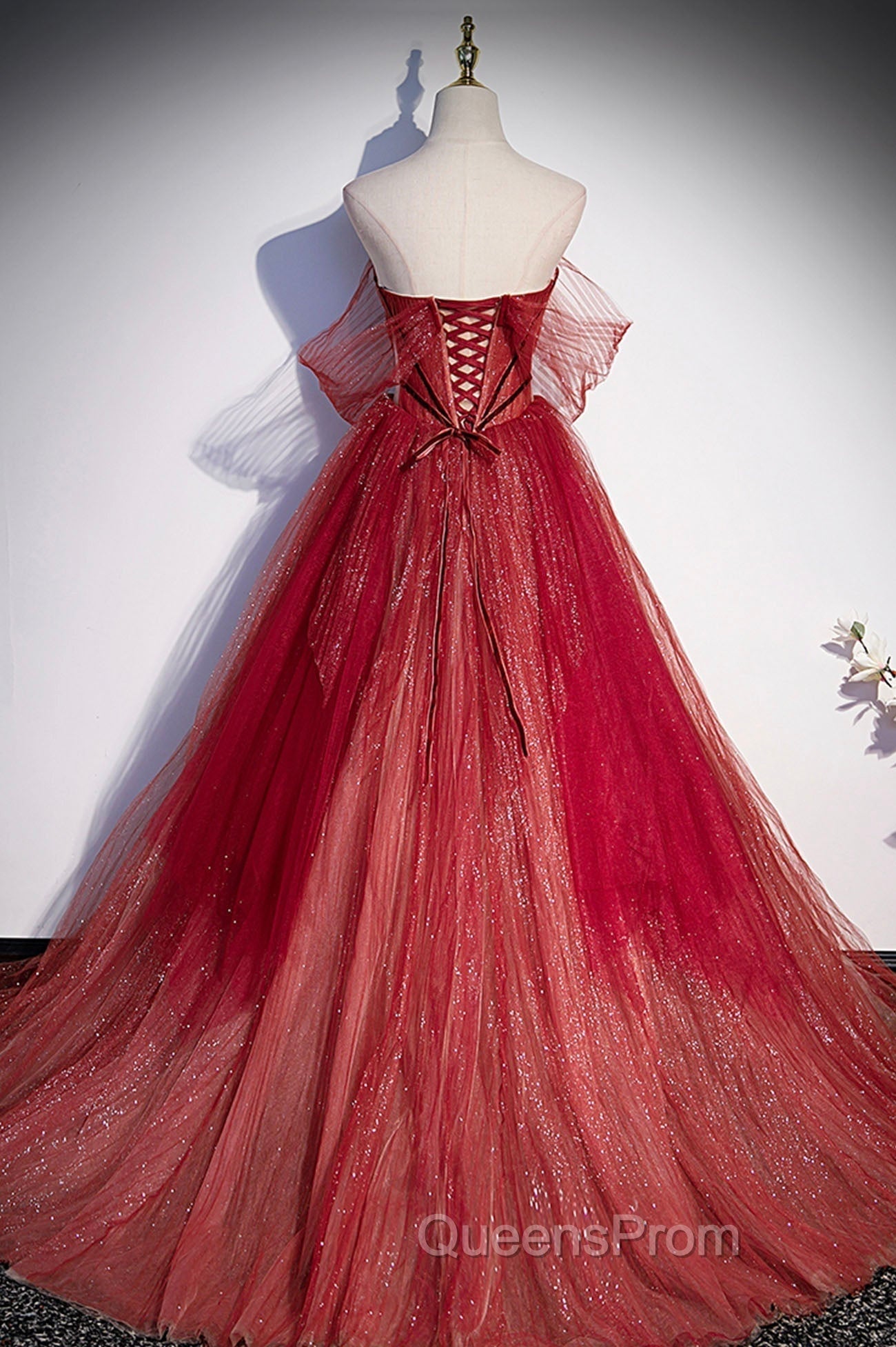Burgundy Tulle Strapless Floor Length Evening Prom Dress, A-Line Evening Graduation Dress