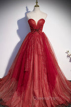 Burgundy Tulle Strapless Floor Length Evening Prom Dress, A-Line Evening Graduation Dress