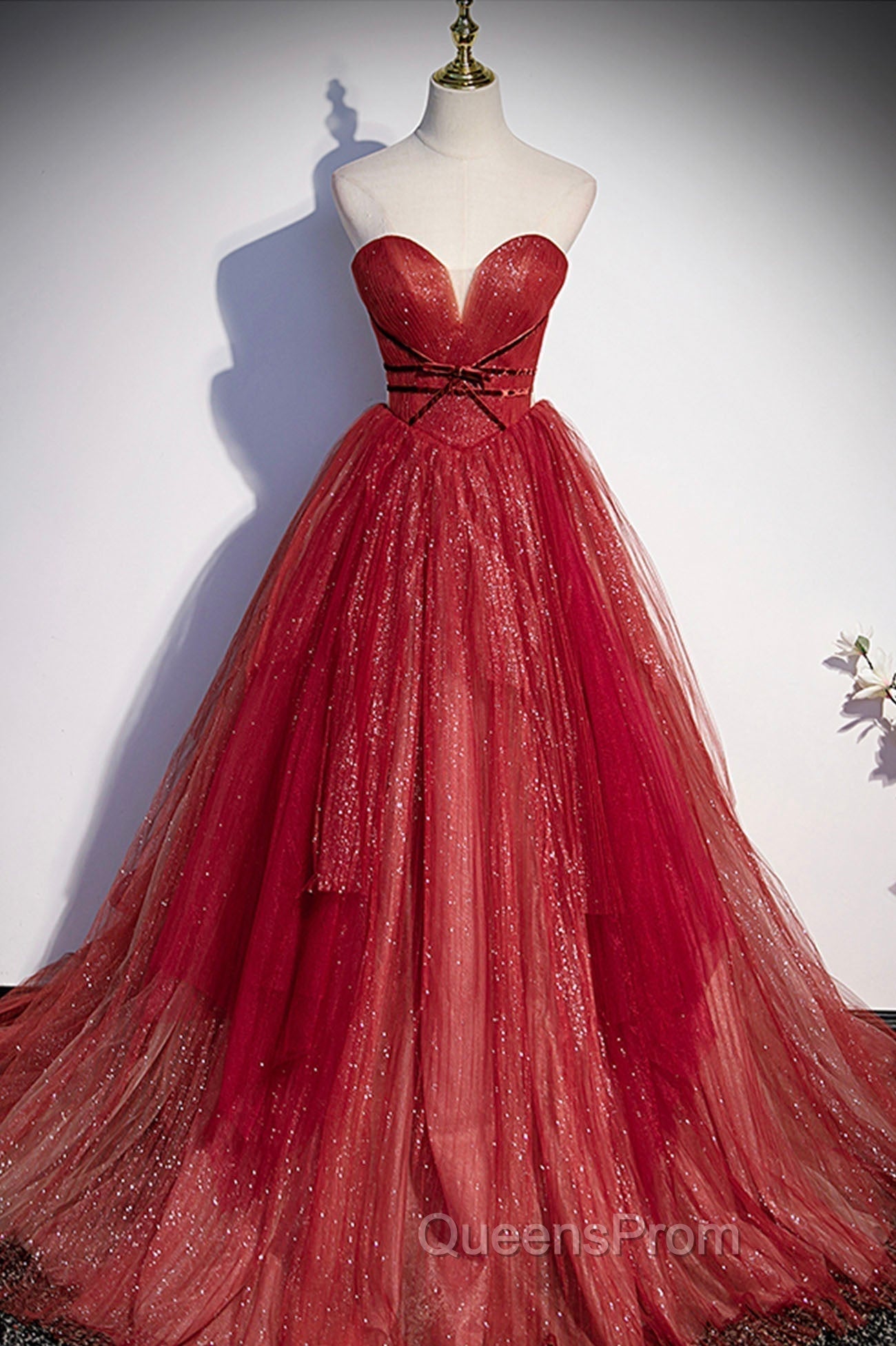 Burgundy Tulle Strapless Floor Length Evening Prom Dress, A-Line Evening Graduation Dress
