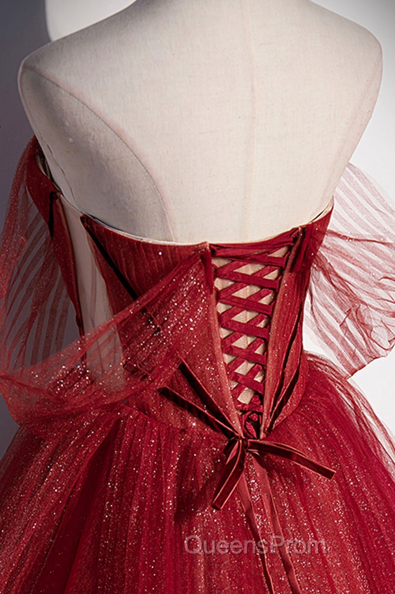 Burgundy Tulle Strapless Floor Length Evening Prom Dress, A-Line Evening Graduation Dress