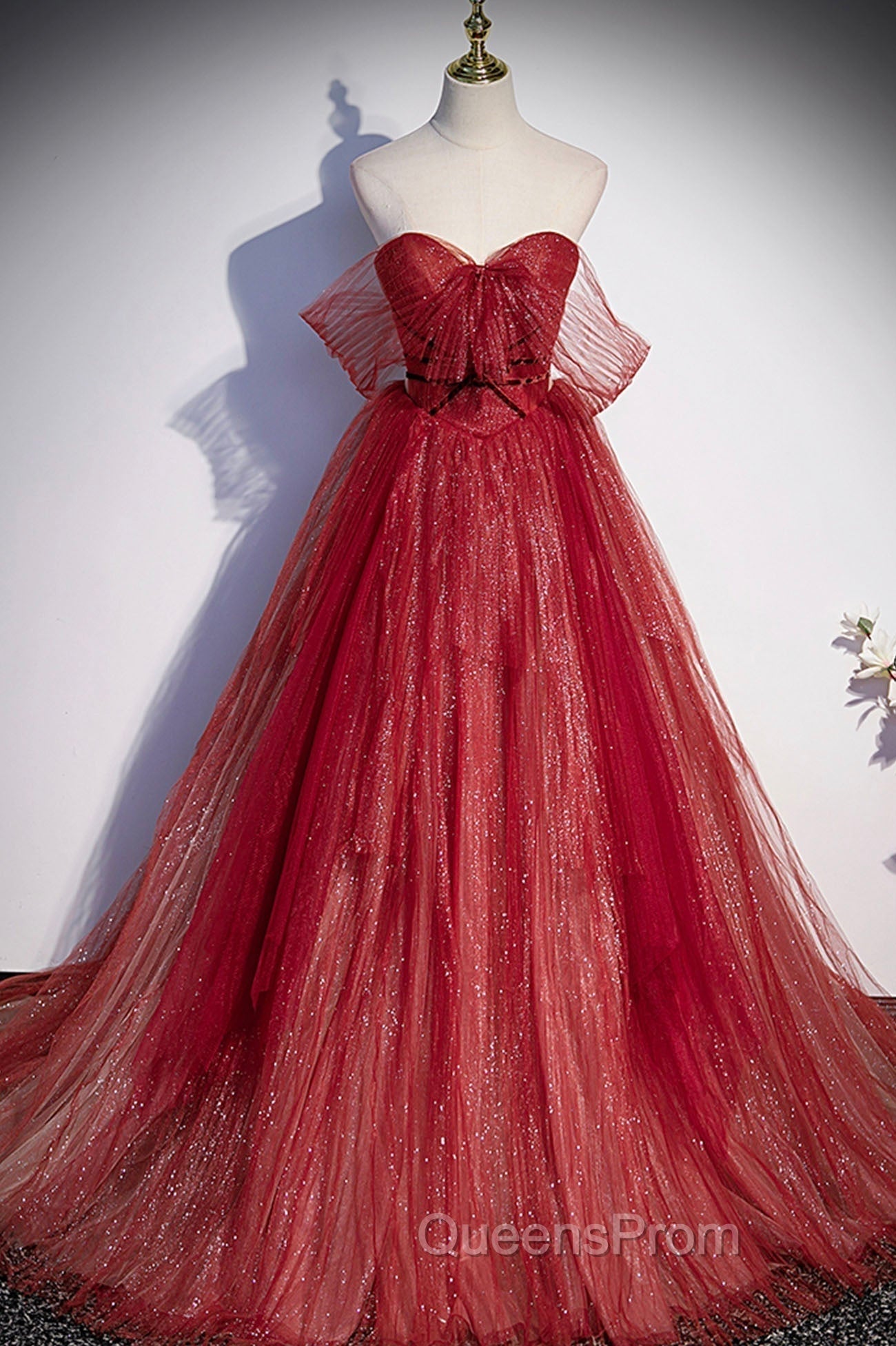 Burgundy Tulle Strapless Floor Length Evening Prom Dress, A-Line Evening Graduation Dress