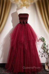 Burgundy Tulle Strapless Evening Prom Dress