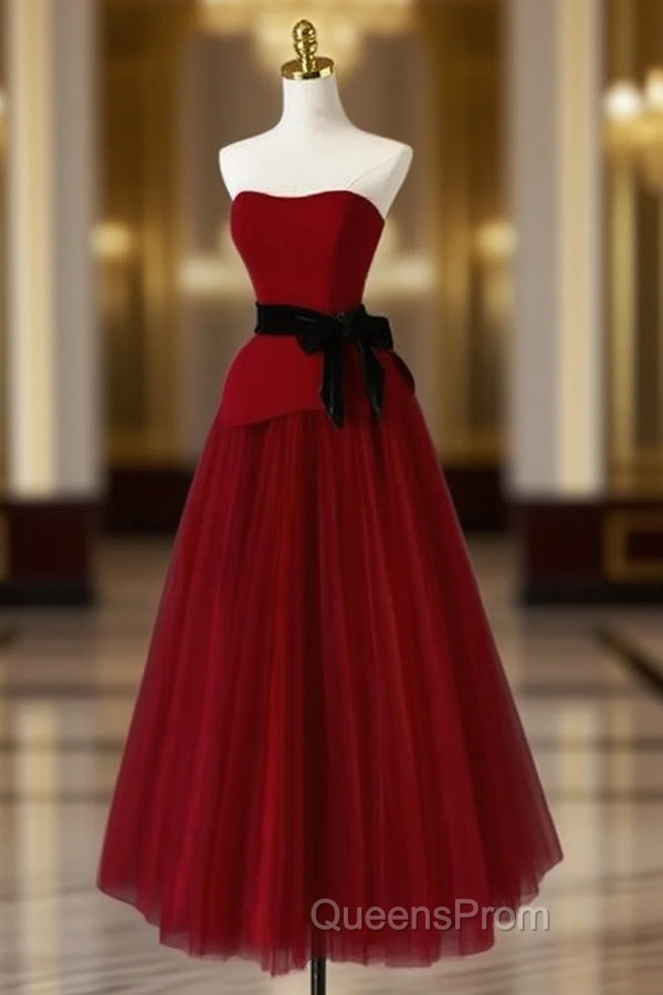 Burgundy Tulle Strapless Tea Length Evening Prom Dress
