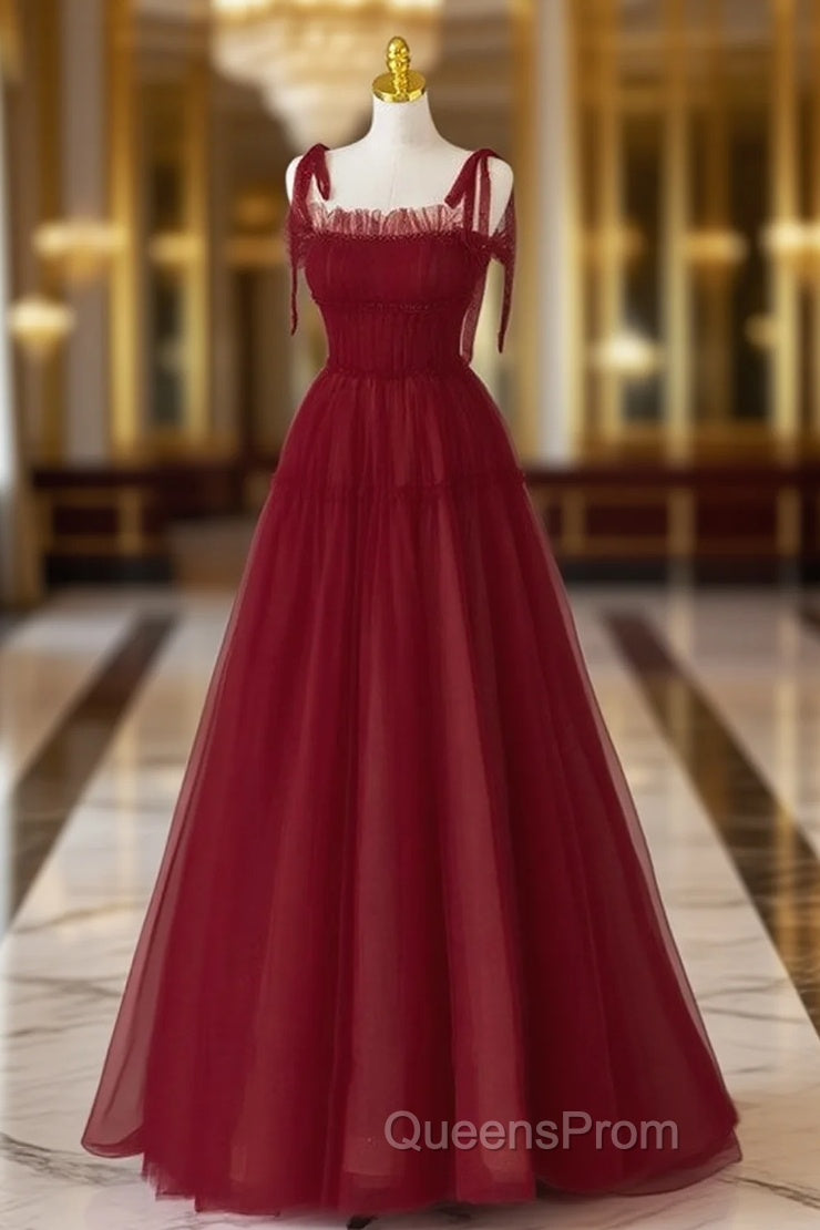 Burgundy Tulle Straps Beading Evening Prom Dress