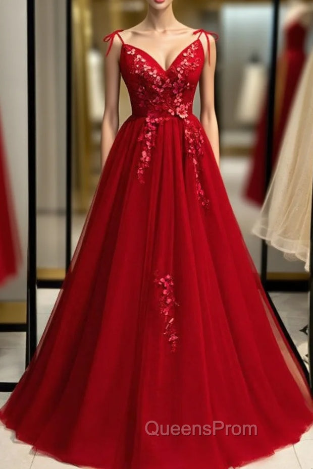 Burgundy Tulle V-neck Appliques Backless Evening Prom Dress