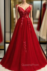 Burgundy Tulle V-neck Appliques Backless Evening Prom Dress