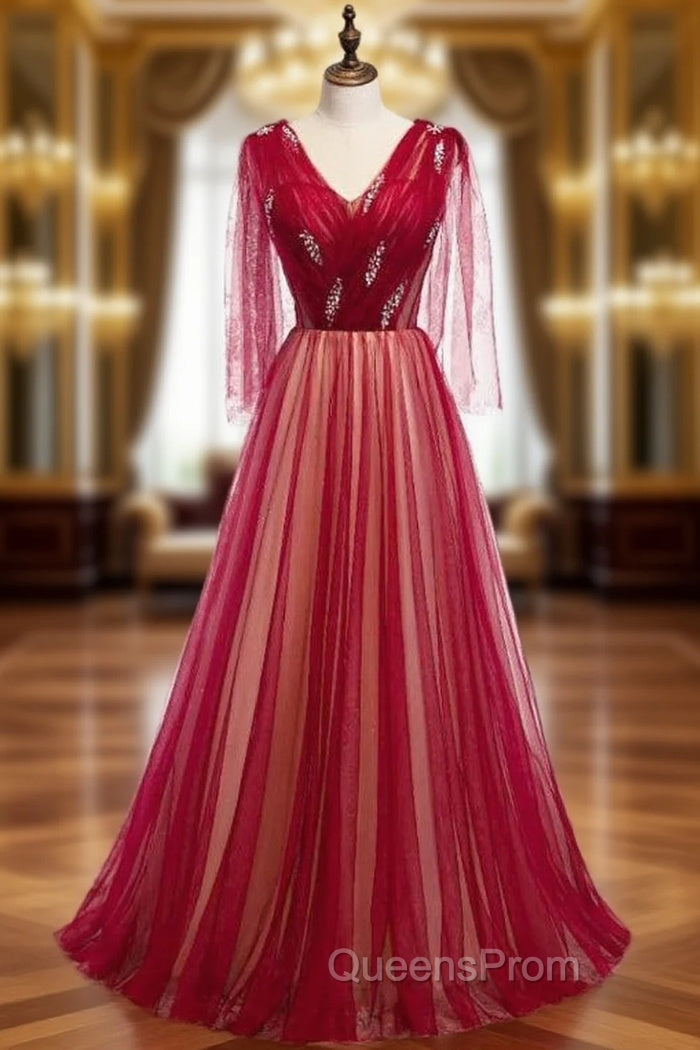 Burgundy Tulle V-neck Pleats Beading Evening Prom Dress