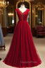 Burgundy Tulle V-neck Pleats Beading Sequins Evening Prom Dress