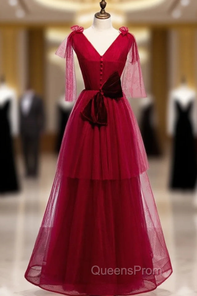Burgundy Tulle V-neck Pleats Long Evening Prom Dress With Bow Main image