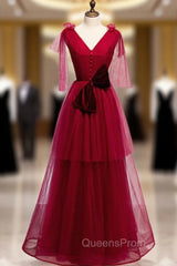 Burgundy Tulle V-neck Pleats Long Evening Prom Dress With Bow