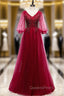 Burgundy Tulle V-neck Puff Sleeve Beading Evening Prom Dress
