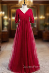 Burgundy Tulle V-neck Short Sleeve High Waist Evening Prom Dress