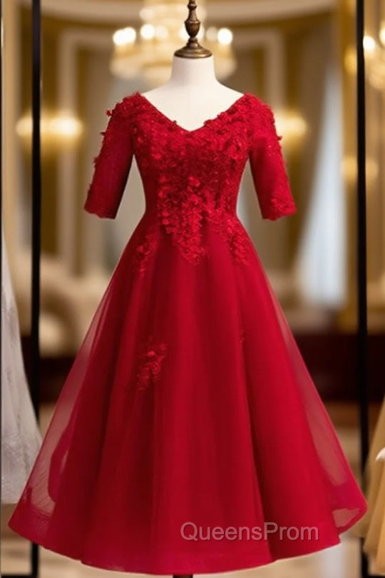 Burgundy Tulle V-neck Short Sleeve Lace Appliques High Waist Evening Prom Dress Main image
