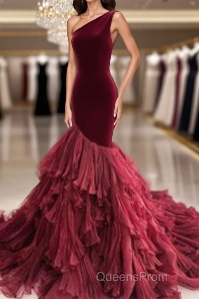 Burgundy Tulle Velvet Long Mermaid Dress Formal Evening Prom Dress Main image