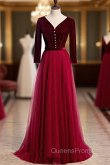 Burgundy Tulle Velvet Long Sleeve Pleats Evening Prom Dress