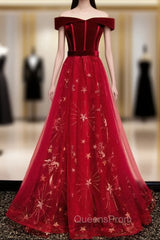Burgundy Tulle Velvet Off the Shoulder Evening Prom Dress