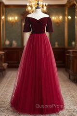 Burgundy Tulle Velvet Off the Shoulder Short Sleeve Evening Prom Dress